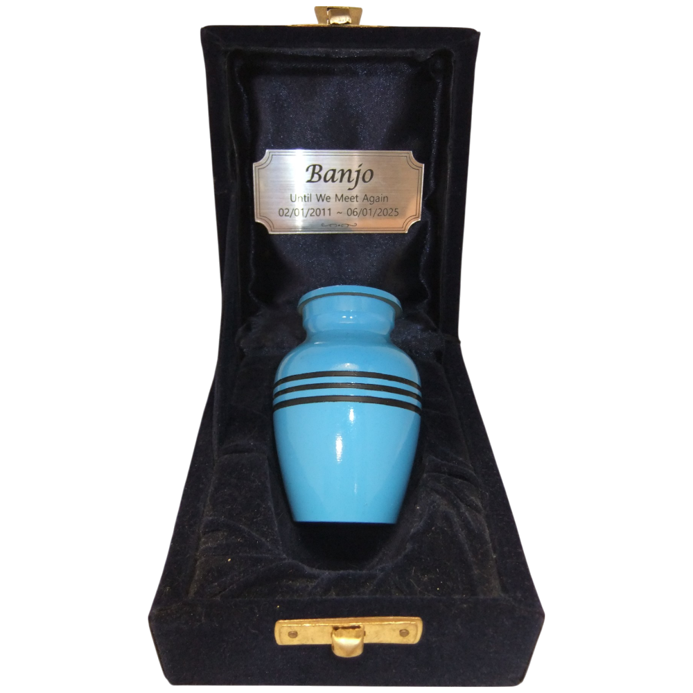 Metal 3 Inch Urn in Blue with Velvet Box