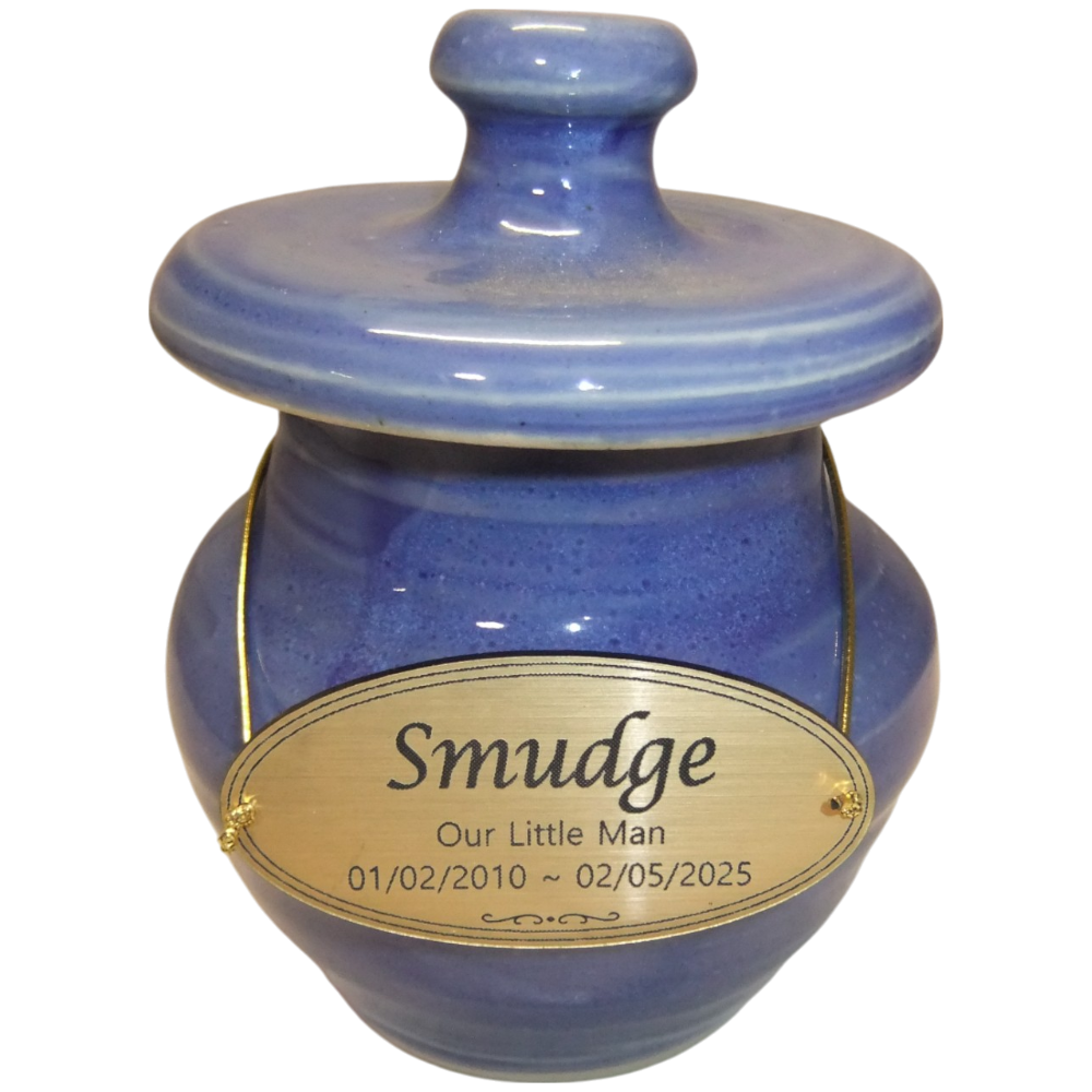 Tiny Pet Cremation Gold Memorial Ceramic Urn in Misty Blue