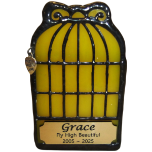 Tiny Pet Cremation. Stained Glass Birdcage in Yellow
