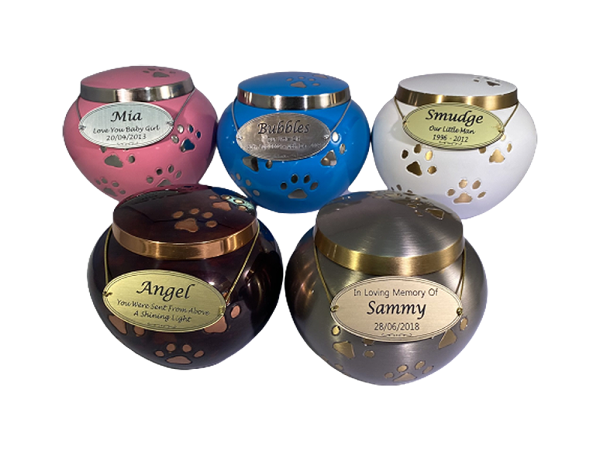 PREMIUM 5: INDIVIDUAL CREMATION – SILVER, RAKI, BLUE & PINK METAL PAW PRINT URNS *WHITE IS CURRENTLY OUT OF STOCK IN THE SMALL*