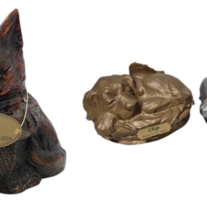 PREMIUM 7: CREMATION – ANTIQUE GOLD & SILVER METAL DOG & CAT WITH WOOLLEN BALL