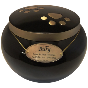 Pet Cremation Premium 15 – Black Metal Urn with Paws on Lid