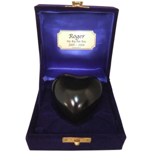 Tiny Pet Cremation- Metal keepsake heart in Black with Velvet Box