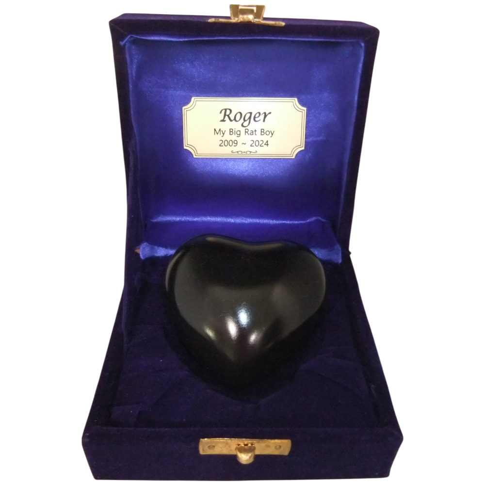 Tiny Pet Cremation- Metal keepsake heart in Black with Velvet Box