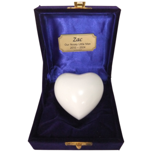 Tiny Pet Cremation- Metal keepsake heart in White with Velvet Box