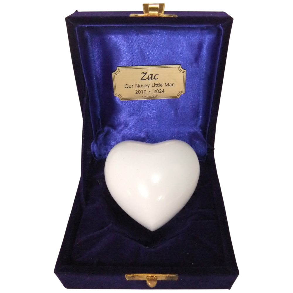 Tiny Pet Cremation- Metal keepsake heart in White with Velvet Box