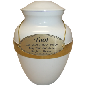 Pet Cremation Premium 6 - White Metal Urn with Gold Band Pet Cremation Premium 6 - White Metal Urn with Gold Band