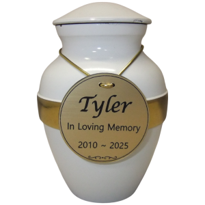 Tiny Pet Premium 6A Metal Urn in White with Gold Band