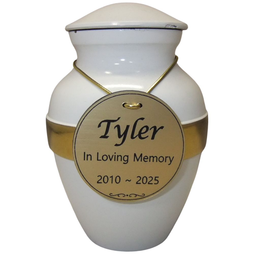 Tiny Pet Premium 6A Metal Urn in White with Gold Band