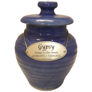 Pet Cremation Gold Memorial - Ceramic Misty Blue Urn