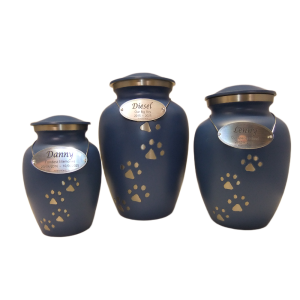 Pet Cremation Premium 5B – Tall Matt Blue Metal Paw Print Urn