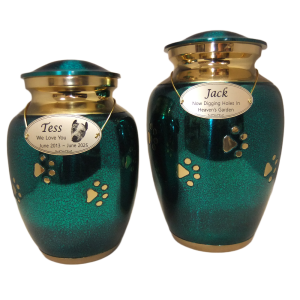 Pet Cremation Premium 5D – Tall Teal Metal Paw Print Urn with Gold Band