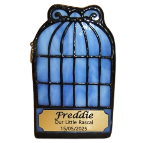 Tiny Pet Cremation. Stained Glass Birdcage in Blue