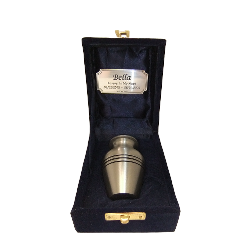 METAL 3 INCH URN IN SILVER WITH VELVET BOX