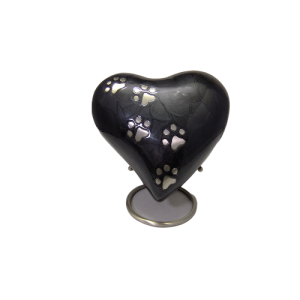 KEEPSAKE METAL CHARCOAL GREY HEART WITH PAW PRINTS AND STAND