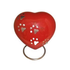 KEEPSAKE METAL RED HEART WITH PAW PRINTS AND STAND
