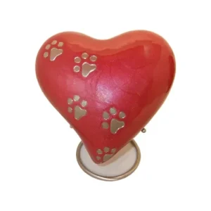 KEEPSAKE METAL RED HEART WITH PAW PRINTS AND STAND