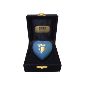 KEEPSAKE BLUE HEART WITH PAW PRINT IN A VELVET BOX