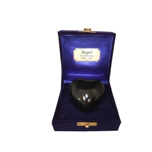 Tiny Pet Cremation. Metal Keepsake Heart in Black with Velvet Box