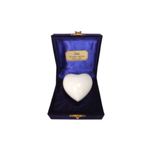 Tiny Pet Cremation. Metal Keepsake Heart in White with Velvet Box