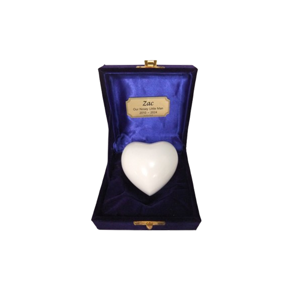 Tiny Pet Cremation. Metal Keepsake Heart in White with Velvet Box Tiny Pet Cremation. Metal Keepsake Heart in White with Velvet Box