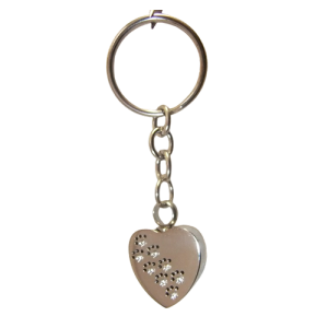 Keepsake Stainless Steel Silver Keyring – Heart with Diamante Paw Prints