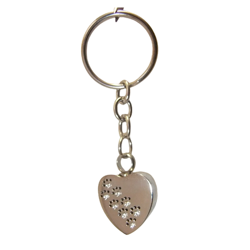 Keepsake Stainless Steel Silver Keyring – Heart with Diamante Paw Prints Keepsake Stainless Steel Silver Keyring – Heart with Diamante Paw Prints