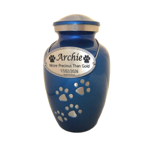 Pet Cremation Premium 5A – Classic Sapphire Blue Metal Paw Print Urn